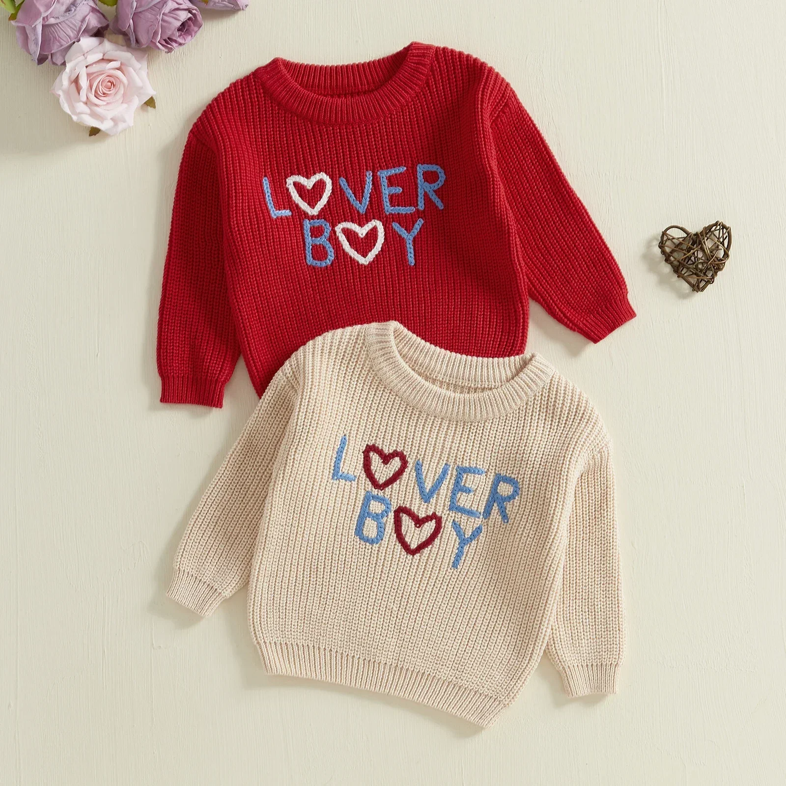 FOCUSNORM 0-3Y Valentines Days Baby Boys Sweater 2 Colors Long Sleeve Crew Neck Letters Heart Embroidery Pullover Tops