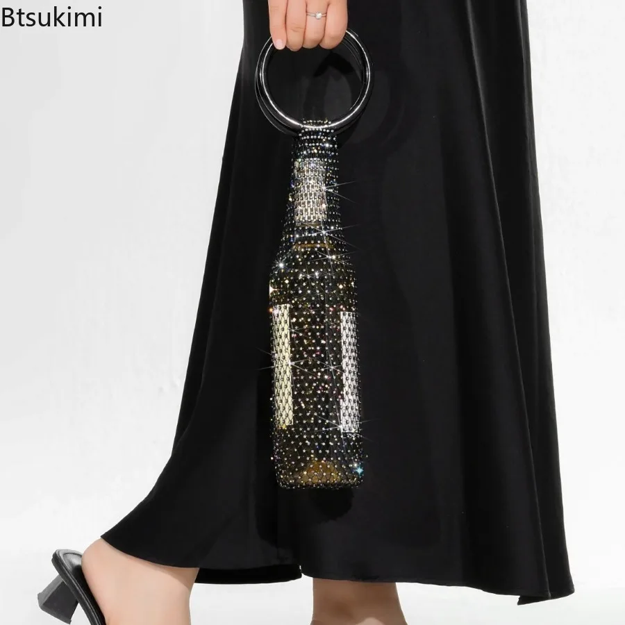 New Portable Handwoven Shiny Rhinestones Handheld Bags Expandable Mesh Pocket Wine Holder Reliable Water Bottle Holder Gift Bags