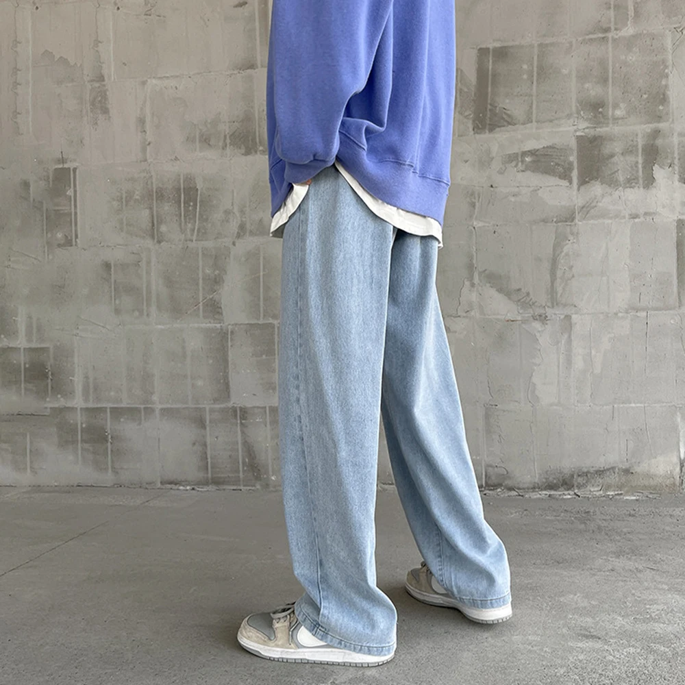 Baggy Jeans Men 2023 New Drawstring Elastic Waist Straight Wide Leg Pants  Fashion Black Hip Hop Denim Trousers Light Blue