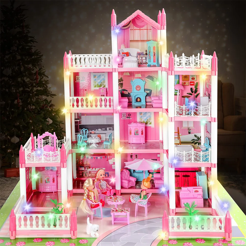Pretend-Play DIY Dollhouse Kit with 4 Dolls DIY House Model Landscape Furniture and Accessories Set for Girls Birthday Gift