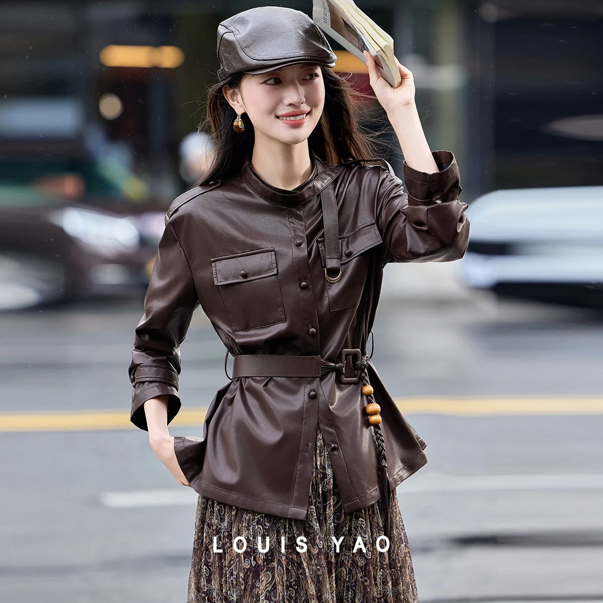 LOUIS YAO Retro Vintage-Style Faux Leather Women's Jacket 2025 Winter Drop Shoulders Stand Collar Cardigan Jacket for Women