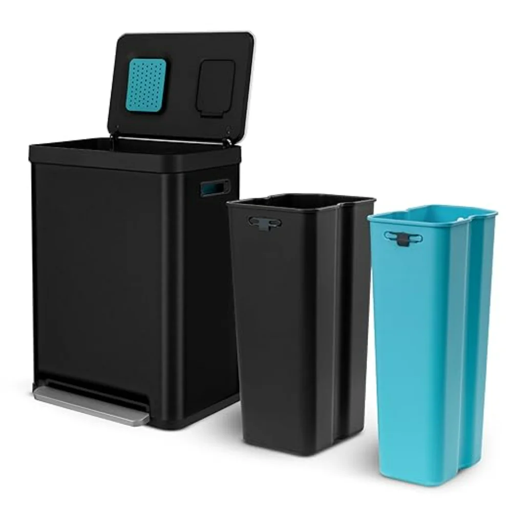 Kitchen Trash Can, Dual Removable Liners for Recycling and Trash, CleanAura Odor Control