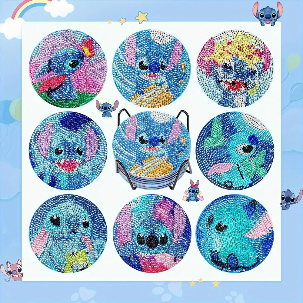 

Stitch Hot Selling Anime Character Diamond Painting Coasters with Holder DIY Cartoon Character Souvenirs New Arrival