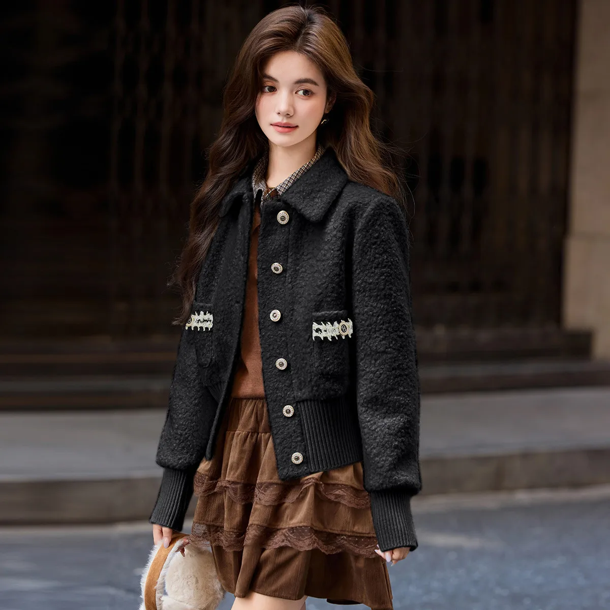 LOUISYAO Retro Textured Plush Cardigan Women 2025 Autumn Winter Turn Down Collar Thick Casual Streetwear Outerwear Coat New In