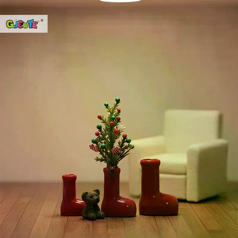 Miniature Christmas Little Red Boots Rubber Vase Creative Dollhouse Desktop Flower Arrangement Accessories Toys