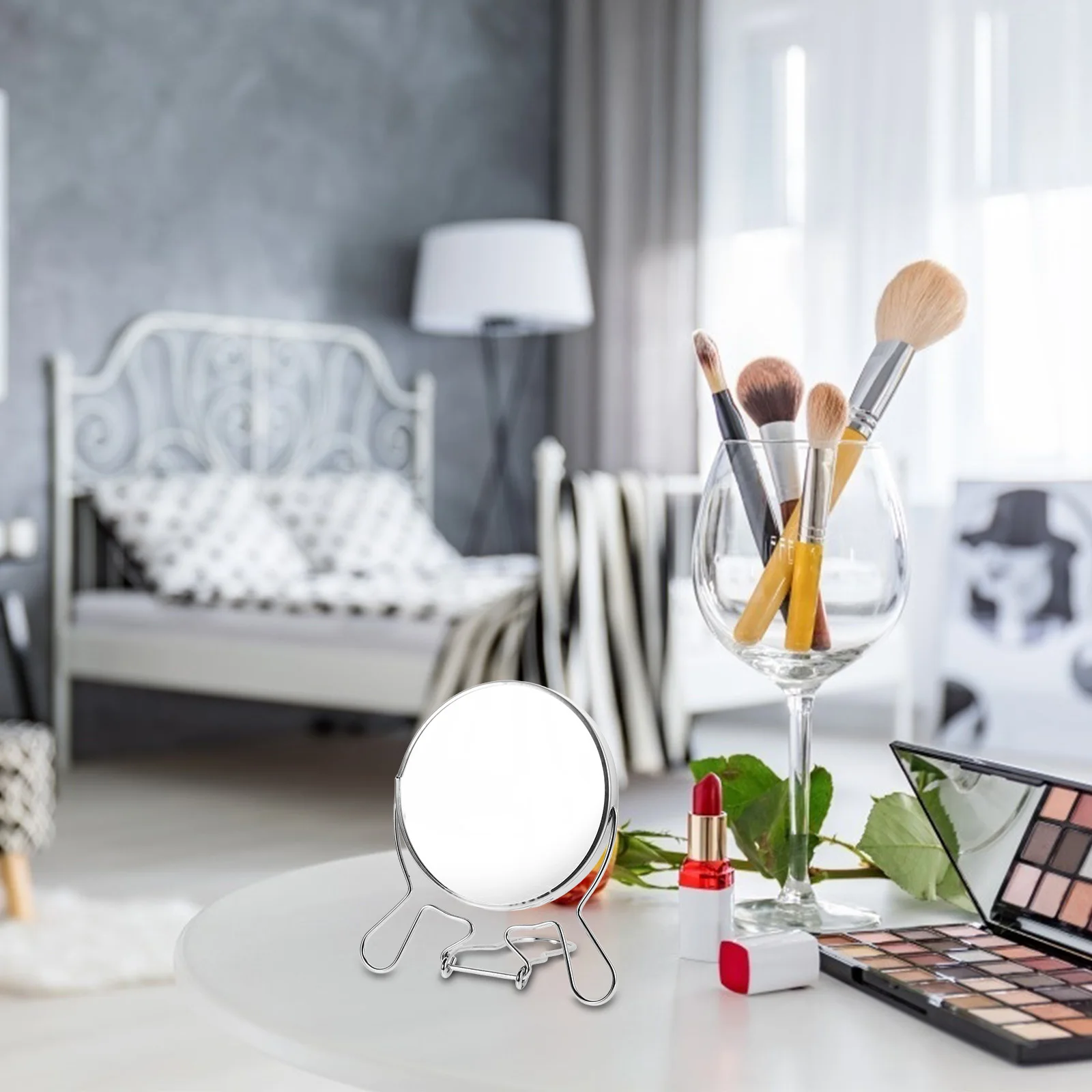 

Dual Side Rotatable Makeup Mirror Clear Surface Adjustable Angle Iron Frame Desktop Vanity Mirror Makeup Accessory