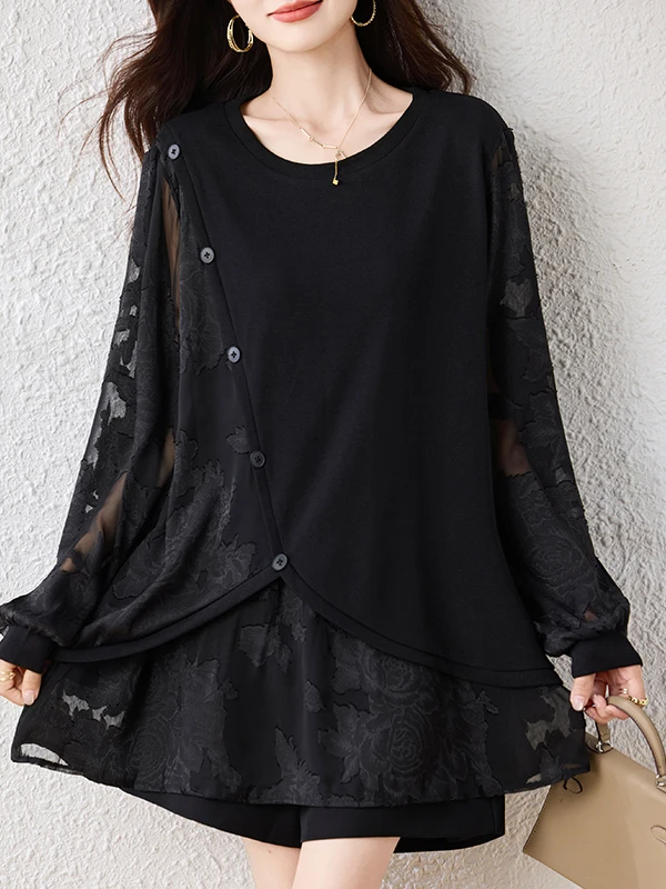 T-shirt da donna allentata di grandi dimensioni efficace dimagrante Patchwork pancia nascosta autunno Ele Sle Long Sve Crew Ne