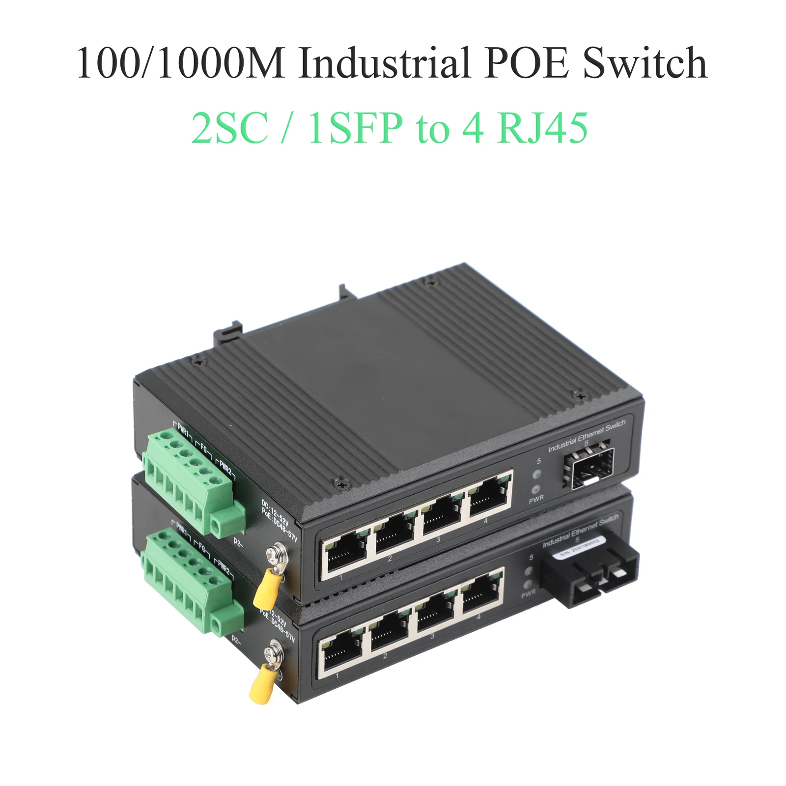 100M / 1000M محول POE صناعي 1 منفذ بصري + 4 منافذ POE، جهاز إرسال واستقبال SC/SFP ثنائي الوضع