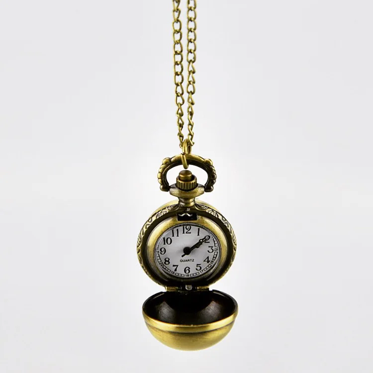 Vintage Small Ball Quartz Pocket Watch for Men Women Bronze Engraved Case Fob Chain Pendant Necklace Clock for Collection Gift