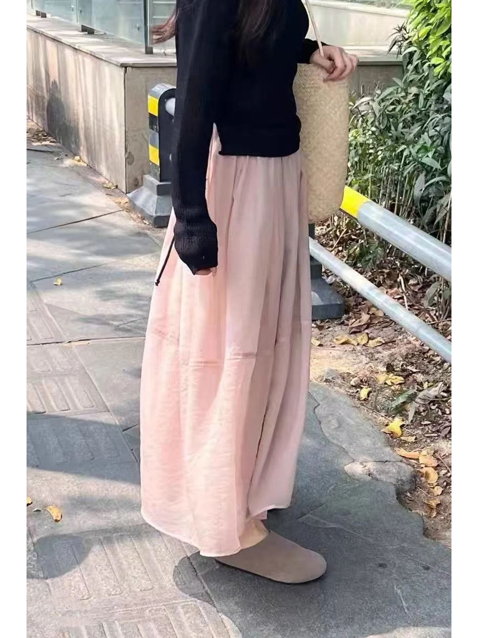 High Waist A-Line Euro Organza Half Skirt Women's plus Size Pink Lotus Pleated Summer Long Skirt with Inner 