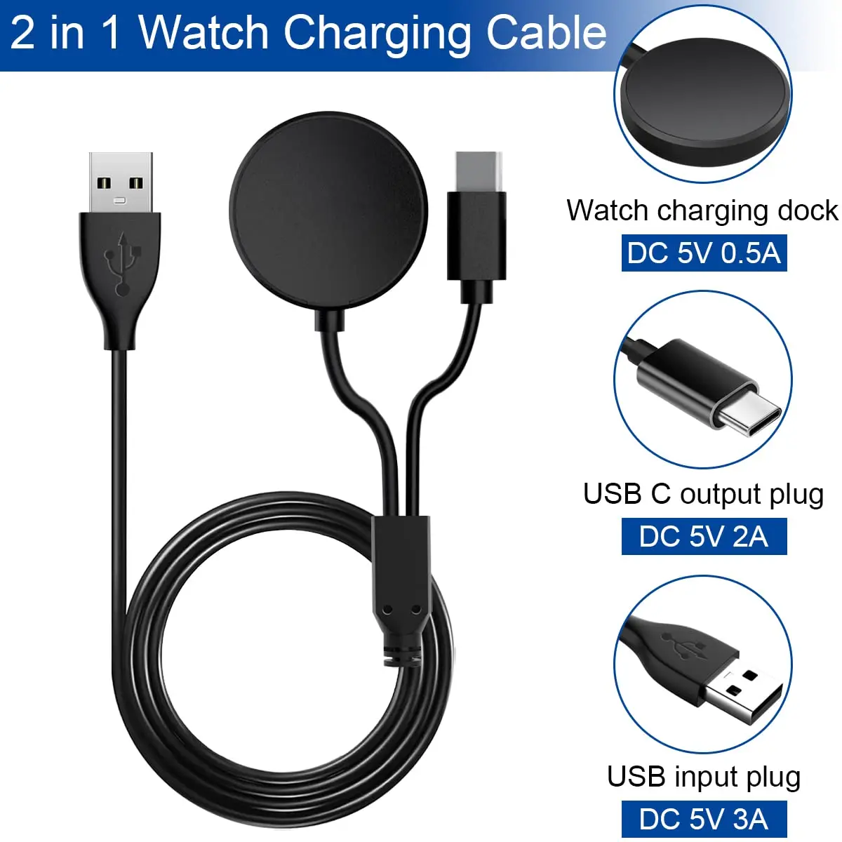 USB-C 2-in-1 Charger for Samsung Galaxy Watch 7/6/5/5 Pro Smartwatch and Smartphone Replacement Charging Base Cable