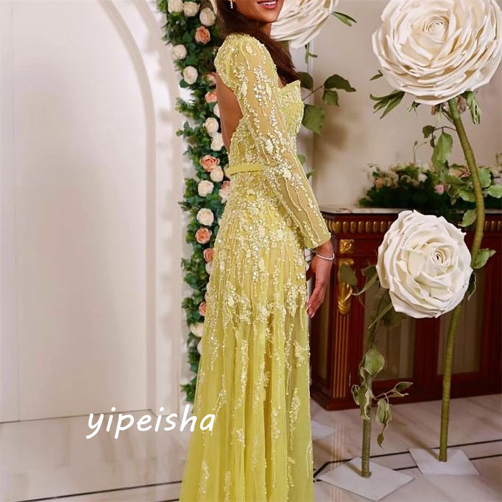 Customized Intricate High Quality V-neck A-line Party Dress Beading Paillette / Sequins Draped Floor length Organza Evening