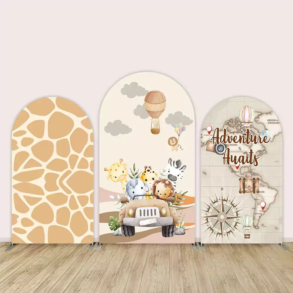 

LS Custom 2-Sided World Travel Wild Animal Kids Birthday Party Baby Shower Cover Chiara Arch Background Decor Backdrop