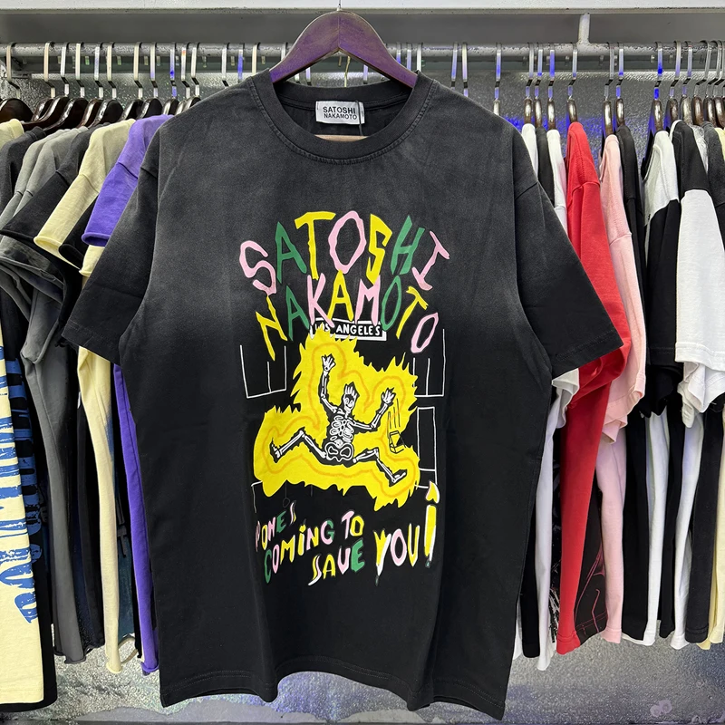 Vintage Washed Black SATOSHI NAKAMOTO T-Shirt Skeleton Graphic Oversized Streetwear Unisex Short Sleeve Tee