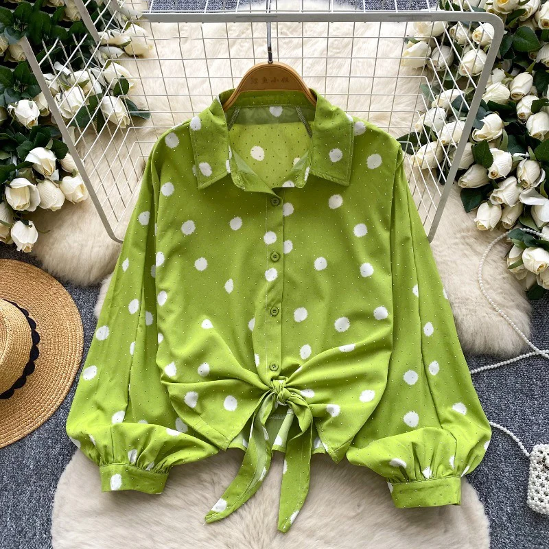 

Блузки с рукавами-фонариками в горошек и бриллиантами, весенне-осенние женские рубашки, корейская мода, элегантные Blusas Mujer