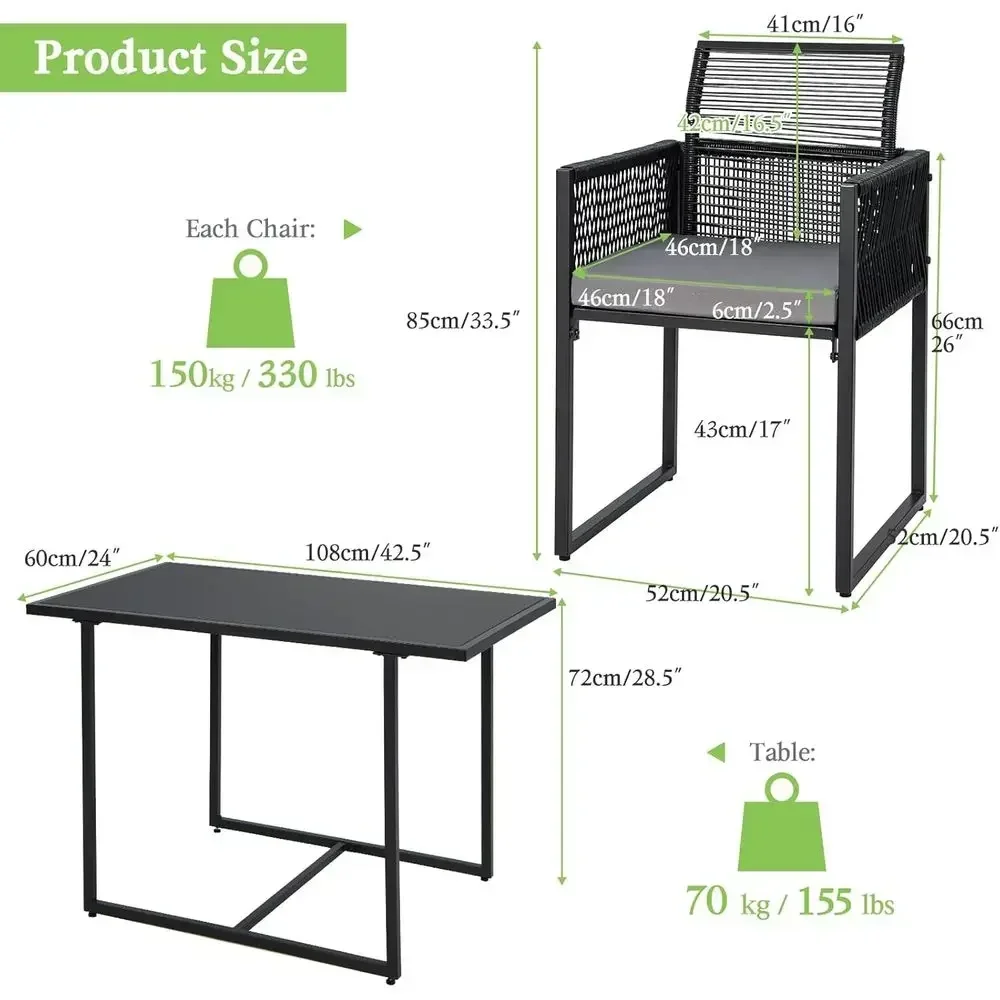 3-Piece Outdoor Wicker Dining Set with Cushions, Tempered Glass Top, Ideal for Balcony, Backyard, Poolside in Black and Grey