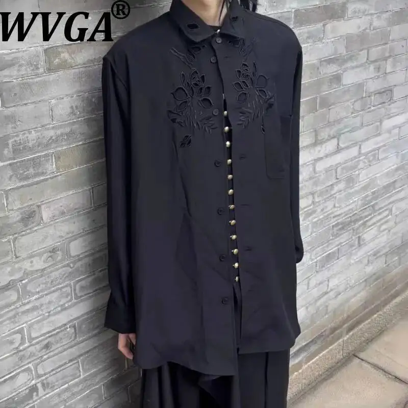 

WVGA Spring Autumn New Men's Yamamoto Dark Style Floral Hollow Out Deisgn Trendy Long Sleeve Shirt Niche Chic Casual Tops W23166