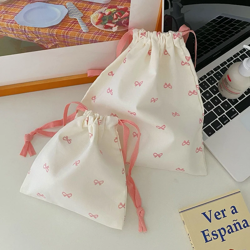 Korean Bow Drawstring Pouch Mini Storage Cosmetic Bag Y2k Storage Women Sweet Kawaii String Mini Pouch Girl's Storage Mini Bag