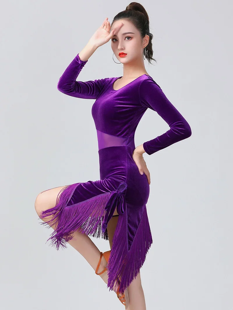 Women Latin Dance Costume Female Adult Korean Velvet Tassel Dancewear Stage Performance Sexy Mesh Splice Dress Costume