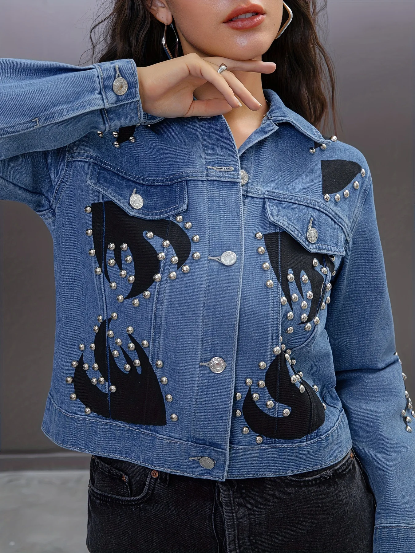 Women's Trendy Denim Jacket Flame Printed Rivet Loose Versatile Spring Autumn New Item Fashion Top