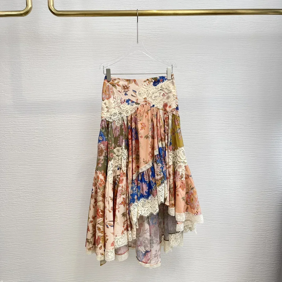 

2024 New Collection Women Floral Print Lace Patchwork Irregular High Quality Midi Skirt for Holiday