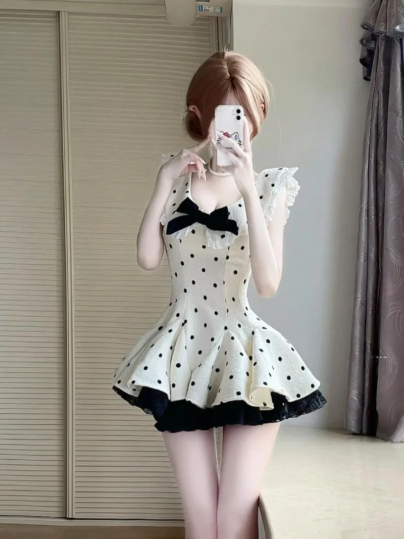 Francês puro desejo tempestade ponto arco novo vestido de verão doce cintura cinching temperamento princesa emagrecimento saia curta para mulher