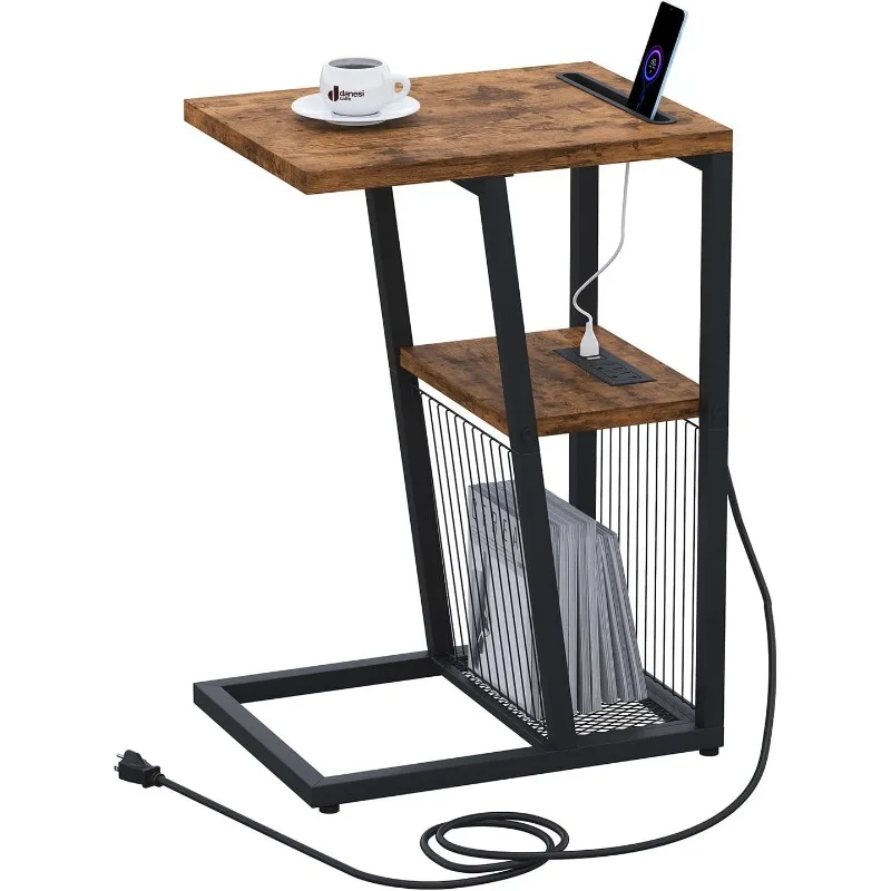 

Side Table, C Shaped Nightstand End Table with Charging Station and Phone Holder,2 USB Ports and Power Outlets