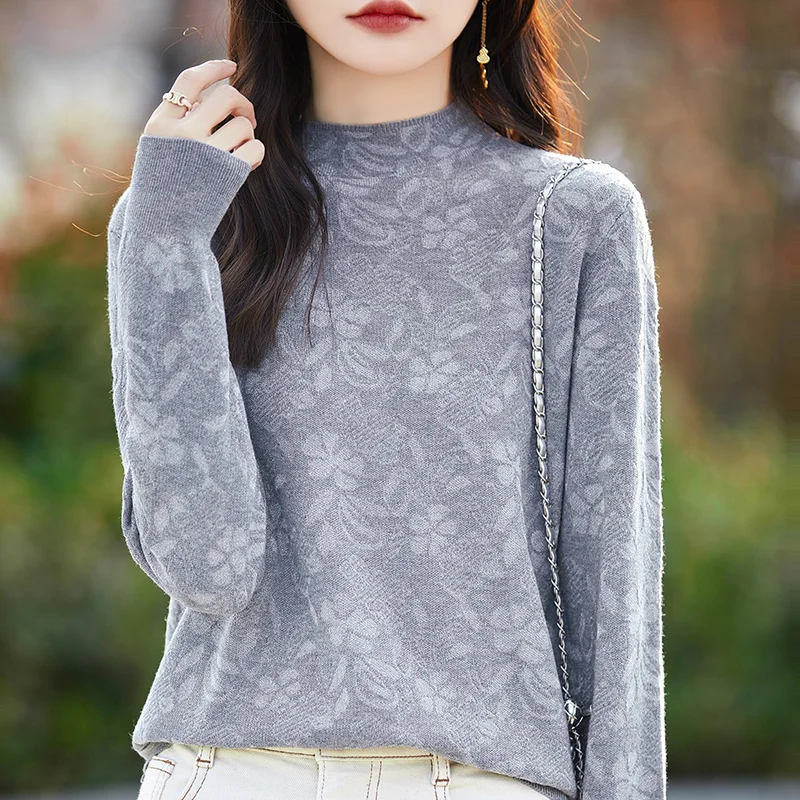 Chinese Style Spring New Wool Lace Mock Neck Sweater Women Fashion Floral Autumn Loose Long Sleeve Top Knitted Female Pullover