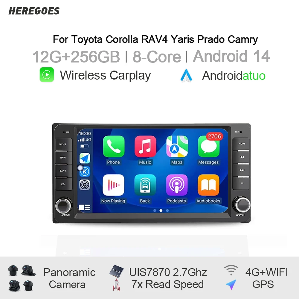 Radio Mobil Android 14 2 Din untuk Toyota Semua Mobil Corolla Camry RAV4 Yaris GPS Carplay Pemutar Multimedia Navigasi Bluetooth 256GB