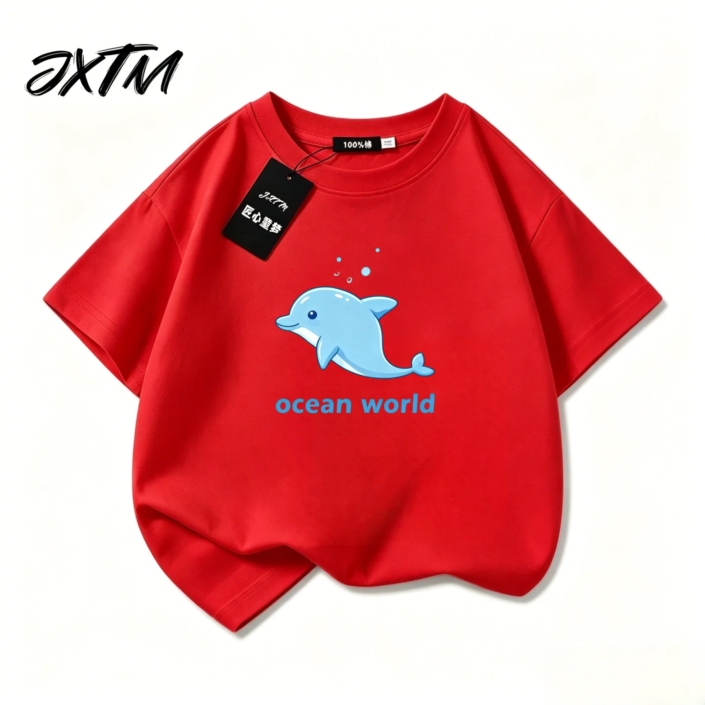 2026 Summer Cartoon Boys' Short Sleeved T-shirt Pure Cotton Ocean World Dolphin Pattern Middle School Girls' Top