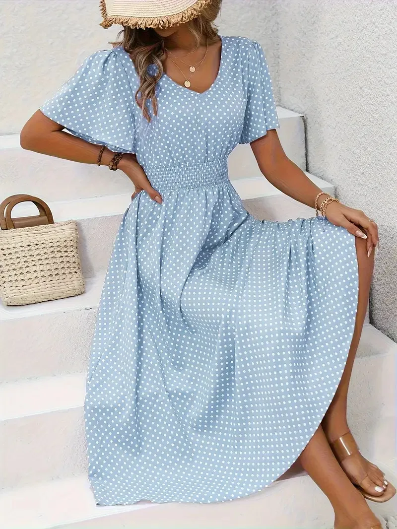 QX Dress V-neck Polyester-free Long Dress Polka Dot Basic Dress Evening Dress Elastic Waist Japanese And Korean Casual