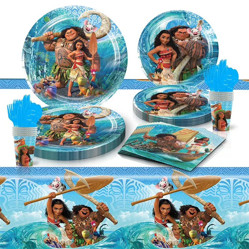 Disney Moana Princess Birthday Party Decoration Tableware Set Paper Cups Plates Tablecloth Backdrop Number Balloons Baby Shower