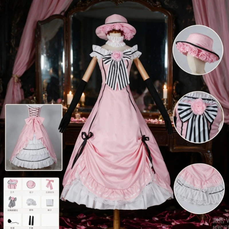 Disfraz de Cosplay de Ciel Phantomhive Young Master Black Butler, uniforme rosa de Robin Lolita, vestido de sirvienta sin mangas con encaje, peluca para mujer