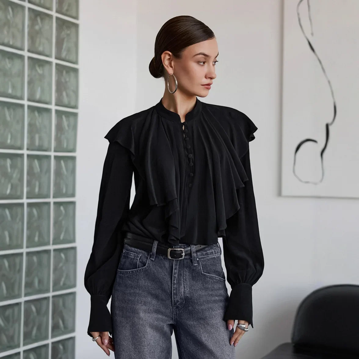 Black Autumn Women's Chiffon Shirt Mandarin Collar Ruffled Loose Fit Long Sleeve Female's Bloue Commuting Oddice Lady's Outwear