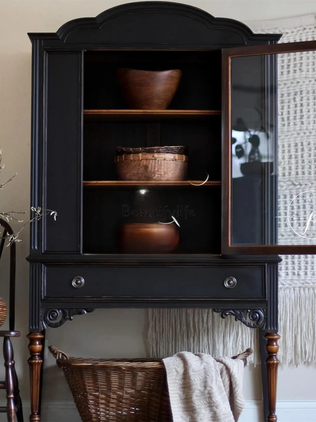 

yj7 French Retro Solid Wood Sideboard American Style Home Living Room Display Decoration Black Storage Cabinet