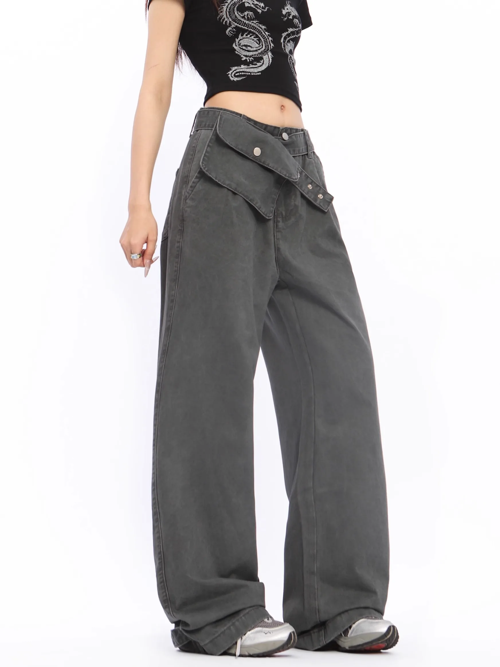 

2024 New Big Pocket Wide Leg Cargo Jeans Women Retro Gray Removable Waist Pouch Belted Wide Leg Denim Pants Harajuku Streetwear