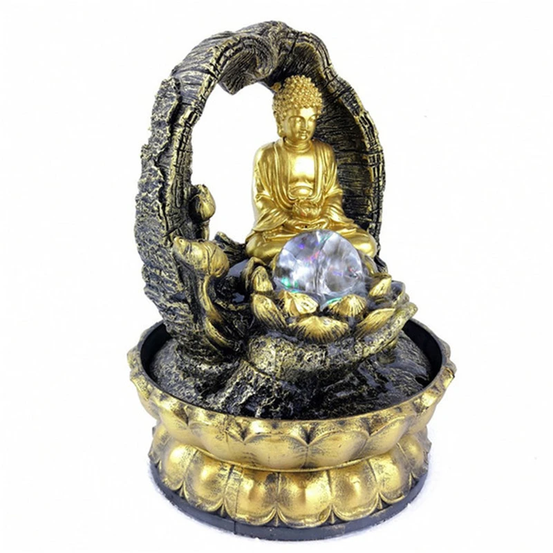 Golden Buddha Desktop Water Fountain Lucky Feng Shui Glowing Ball Buddhist Statue Office Personality Ornaments