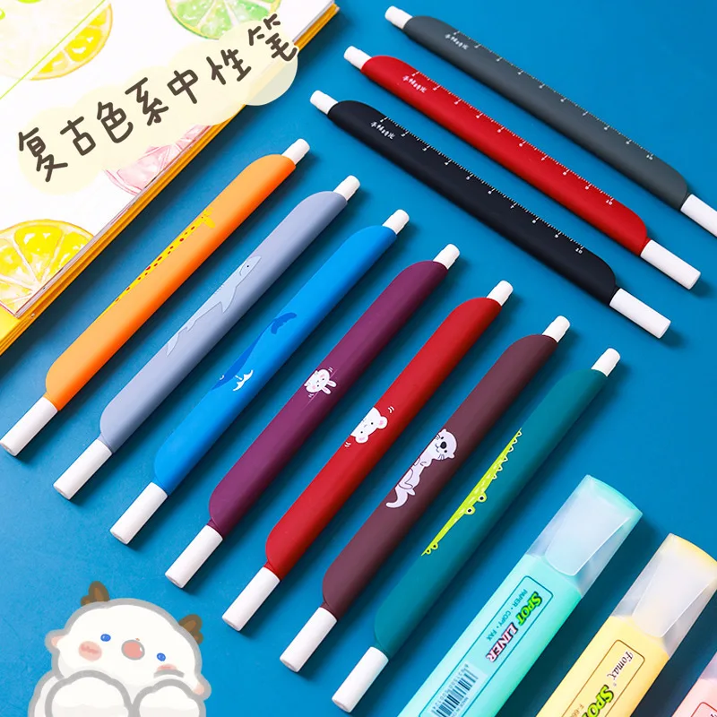 5pc/Lot Kawaii Gel Pen 0.5MM Color Ink 3 in 1 Multifunction Cartoon Retro Ruler Bookmark Pучка Office Stationery Supplies