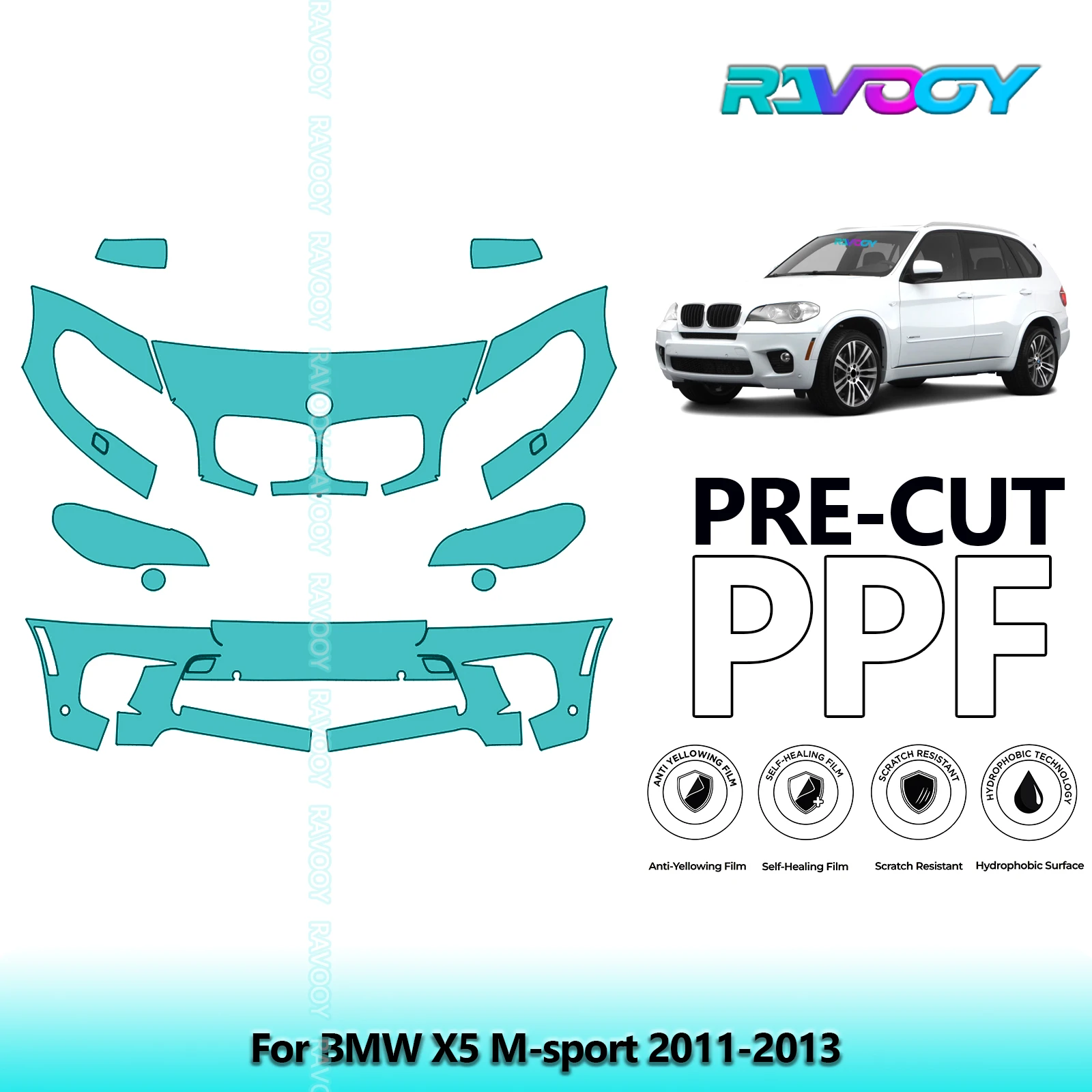 RAVOOY 8.5Mil Custom-Fit Precut TPU PPF Front Kit Clear Bra Stone Guard EU UK For BMW X5 M-sport 2011-2013