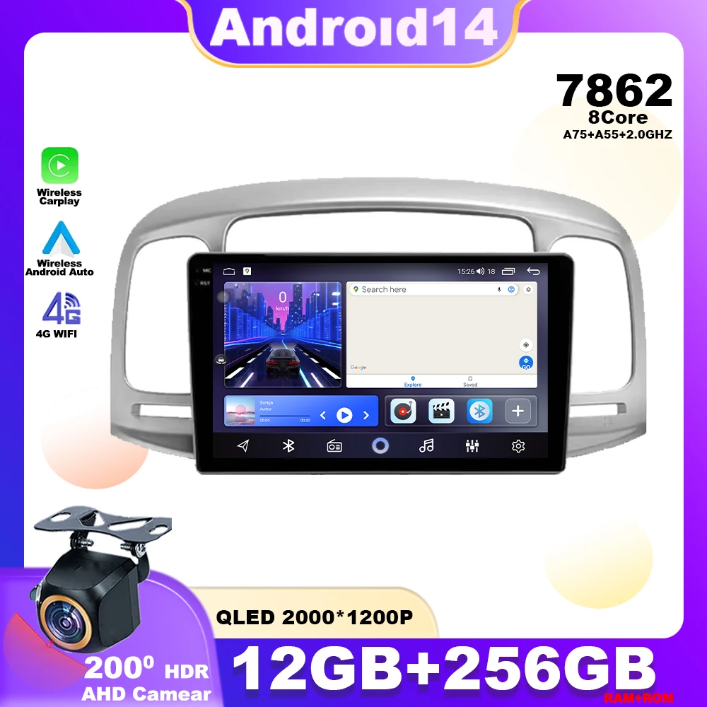 

Android 14 For Hyundai Accent 3 2006 - 2011 Car Radio Multimedia Player Stereo Navigation GPS 4G Wireless Carplay WIFI QLED 7862
