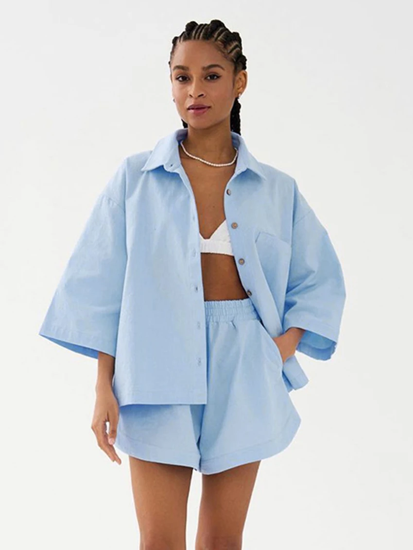 Marthaqiqi Loose Women Nightgown Suit Long Sleeve Nightwear Turn-Down Collar Sleepwear High Waist Shorts Casual Femme Pajama Set