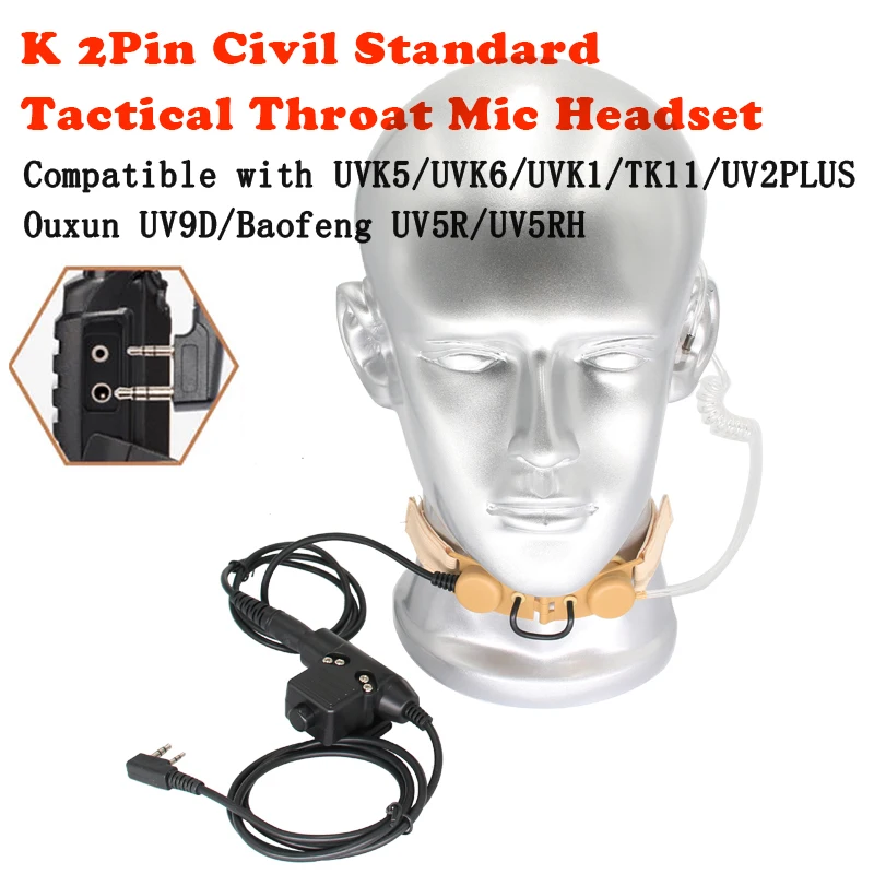 7.1mm U174 Throat Mic Tactical Air Tube Headset Earpiece K-plug 2-Pin U94 PTT For Baofeng 888S UV5R UV-5RE Kenwood TYT HYT Radio