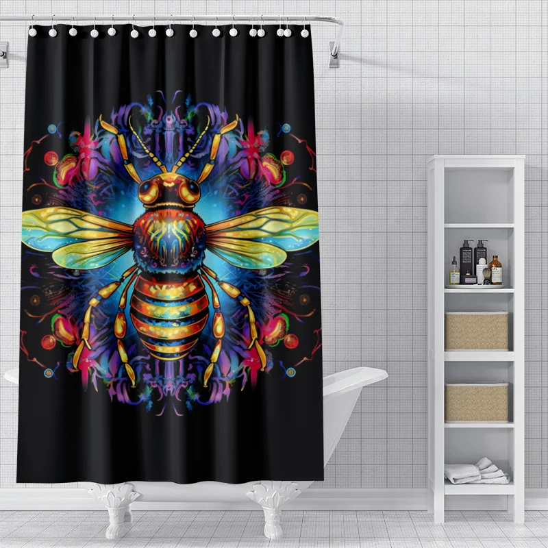 Vibrant Bee Shower Curtain - Waterproof & Anti-Mold Fabric with Black Background Art Print（High Contrast Bathroom Decor）