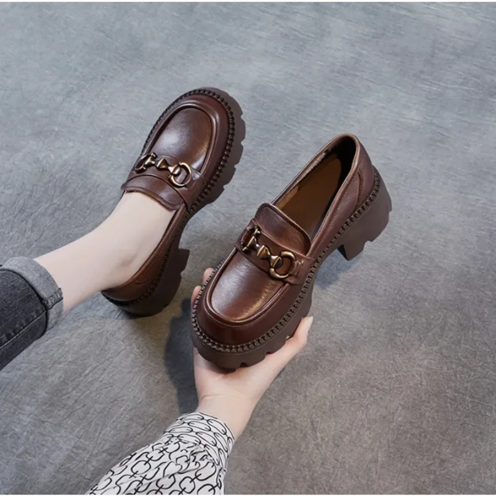 Platform Shoes Spring Summer Genuine Leather Loafers Women\'s Metal Buckle Single Shoes Elevated Thick Sole Small Leather Shoes