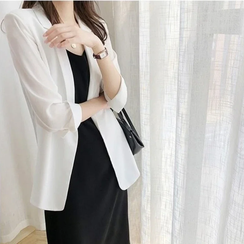 Spring Women Thin Blazers Sun Protection Suit 2024 Female Summer Black Blazer Three Quarter Sleeves OL Slim Coats Ladies Tops