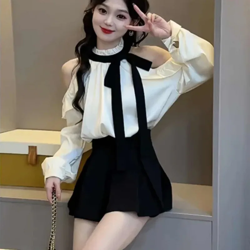 النمط الفرنسي الكتف عارية قميص أعلى ونصف تنورة قطعتين مجموعة المرأة تصميم الأزياء لباس غير رسمي نسيج البوليستر #3