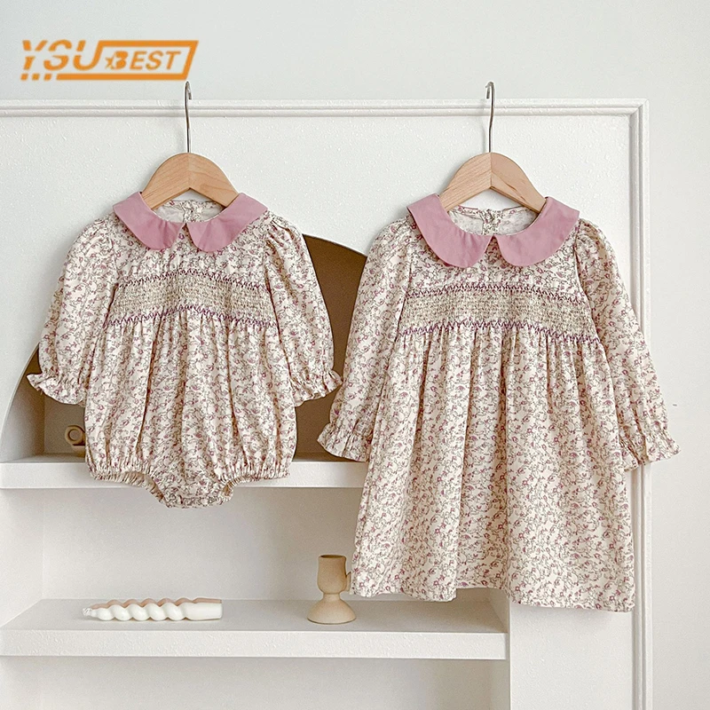 Infant Kids Baby Girls Long Sleeve Sweet Print Sisters Dress Spring Autumn Newborn Baby Girls Princess Clothes Rompers