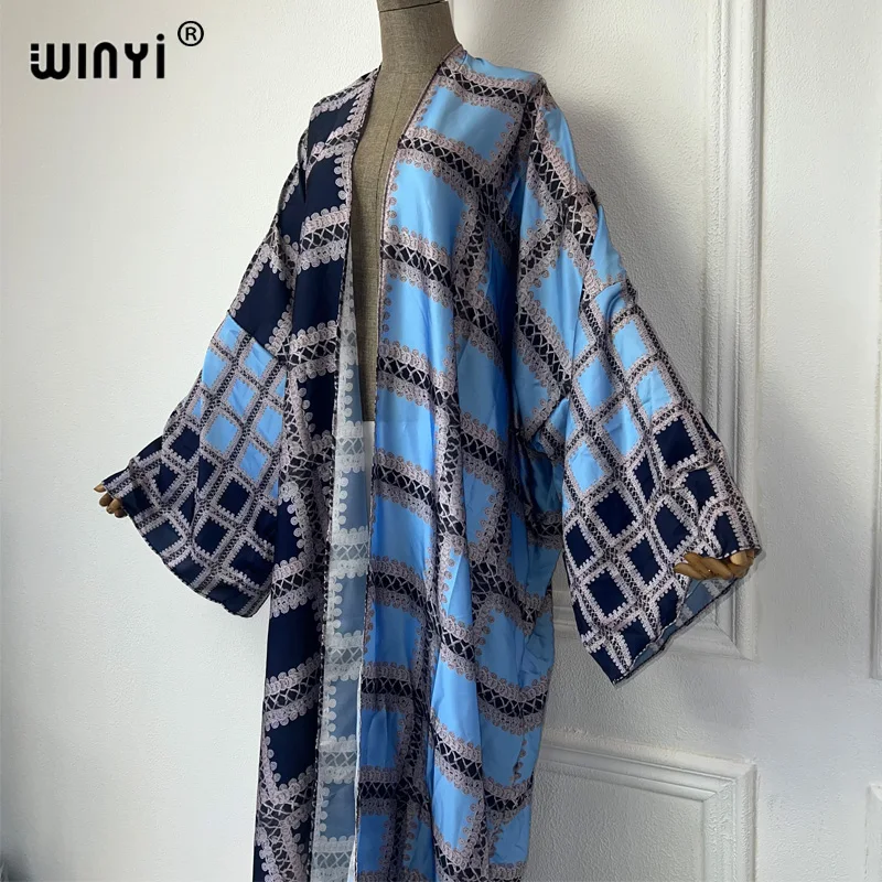 WINYI Kimono Women Summer Digital print Long Sleeve Cardigan Female Blouse abaya Beach Outfits women Cover Up boho maxi dress