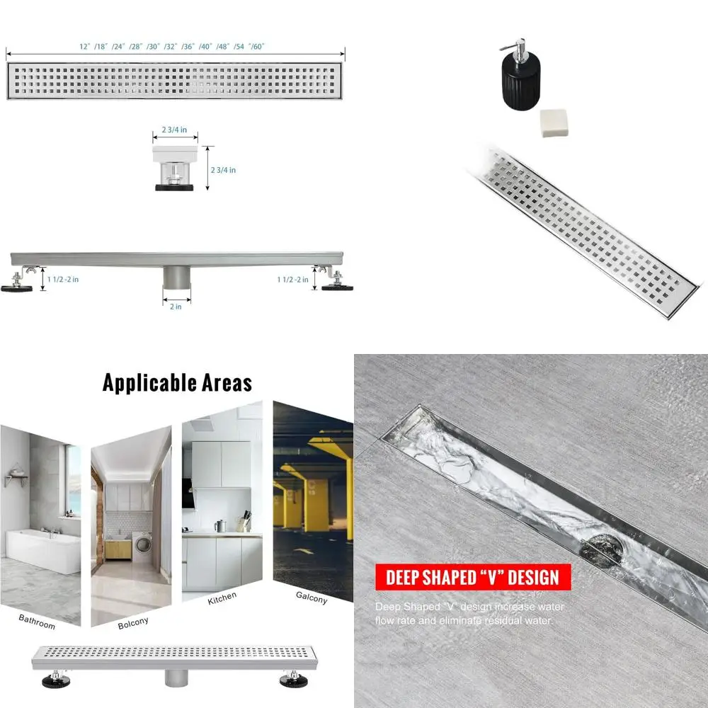 40 تصريف دش من الفولاذ المقاوم للصدأ المصقول مع شبكة قابلة للإزالة وصائد الشعر وأقدام قابلة للتعديل