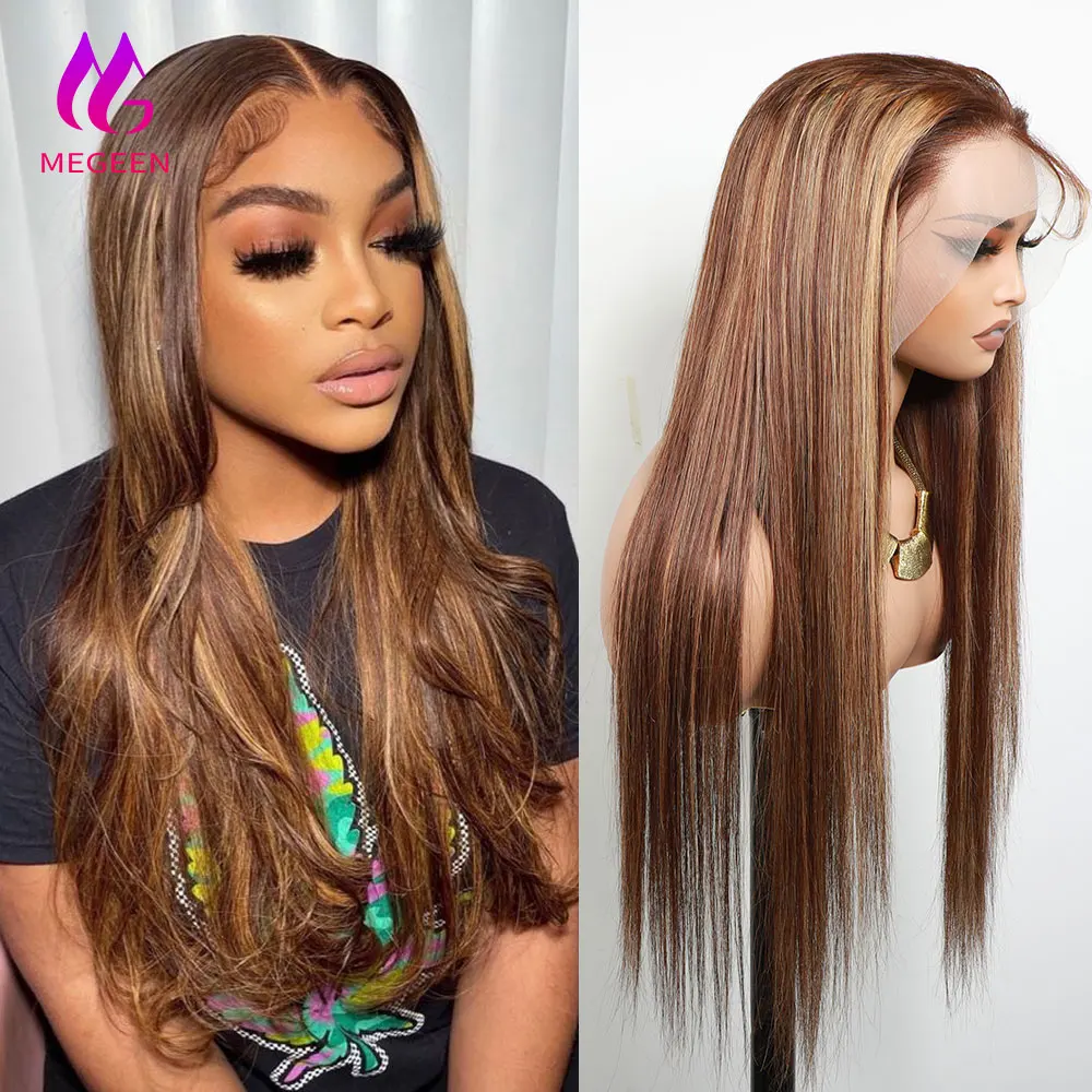 Megeen P4/27 Highlight farbige Spitze Front Perücke 13x4 transparente Spitze Frontal Perücke Menschenhaar Honig blond gerade Ombre Perücken Remy
